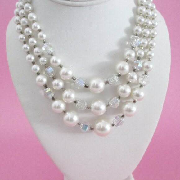 Glass Pearl Bead Necklace Triple Strand Crystals - Picture 3 of 8
